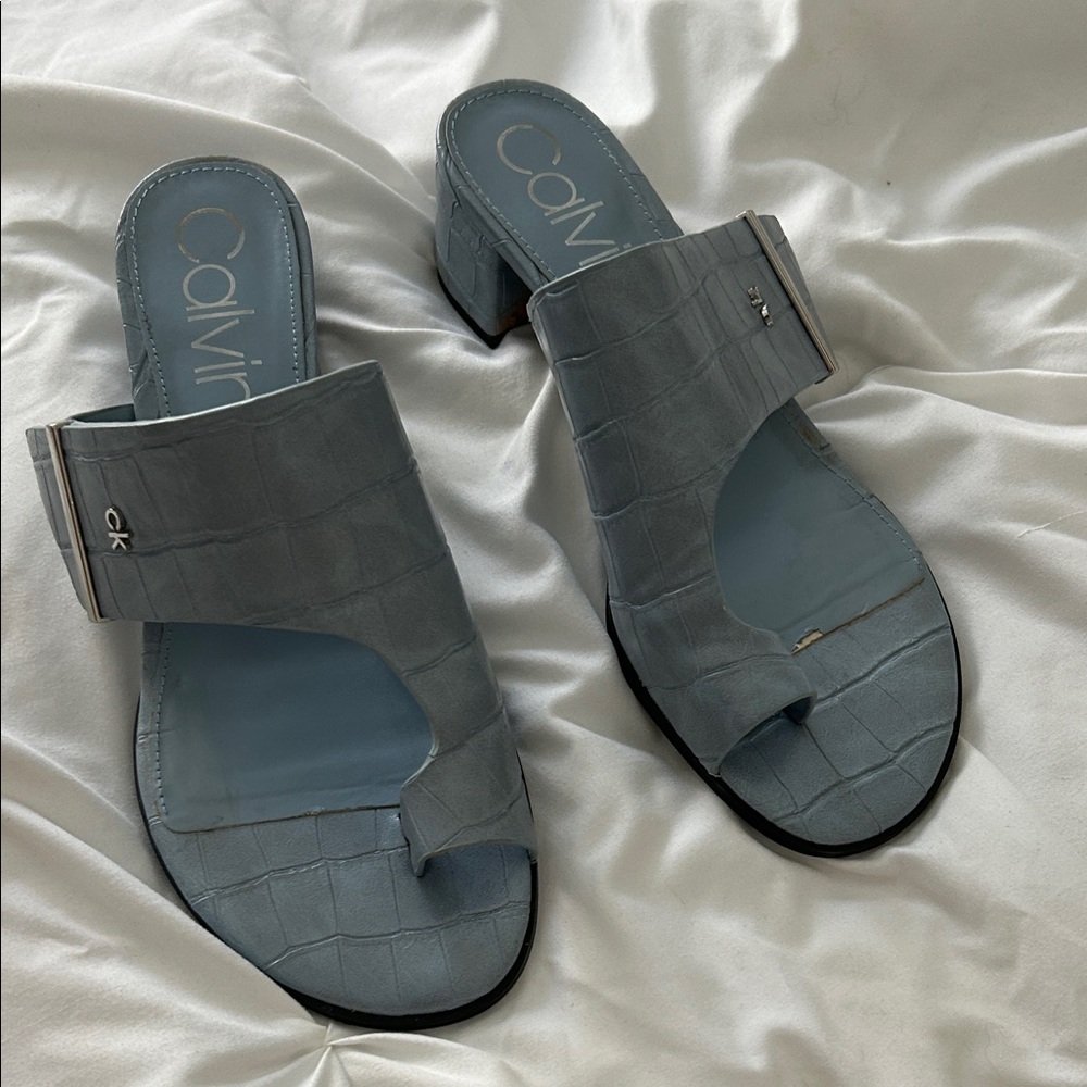 Calvin Klein Light Blue Croc-Embossed Block Heel Slide Mules